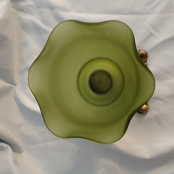 VTG Mid-century Olive Green Frosted Glass Brass Regency Castlecore Candy Dish - Picture 5 of 6